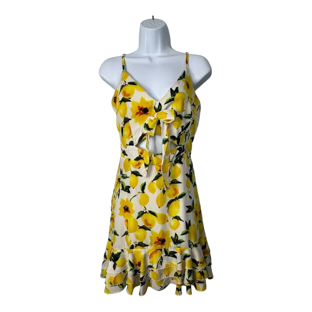 Boohoo Lemon Print Mini‎ Dress Cutout Tie Front Ruffle Hem Summer Women Size 6 - Image 2