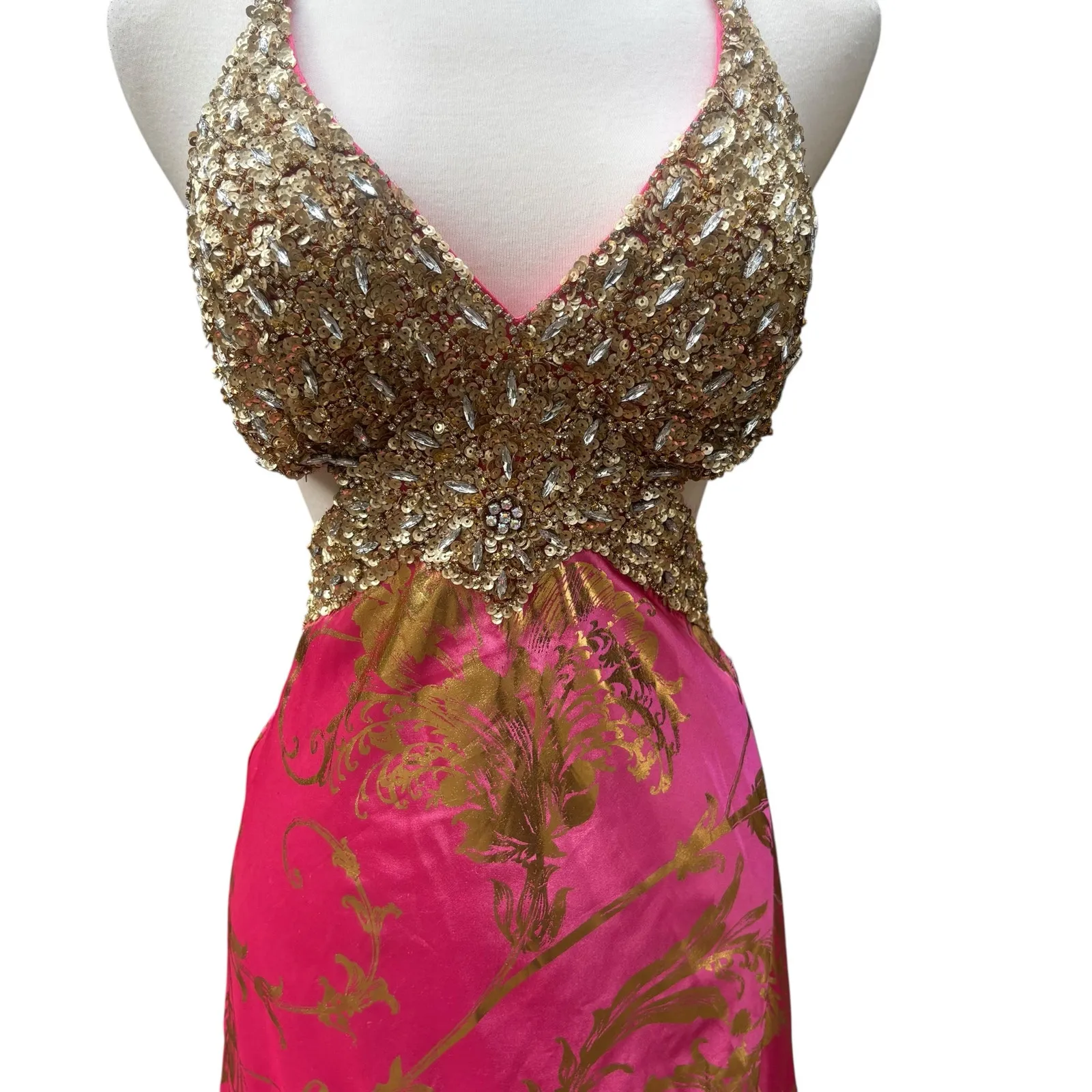Mac Duggal Cassandra Stone Prom Dress Gown Hot Pink Gold Beaded Metallic Formal - Image 4