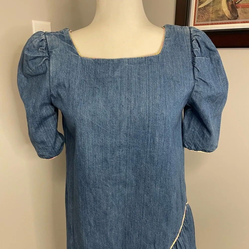 St Barth's Denim Ruffle Puff Sleeve Vintage Womens Dress Size 7/8 80s 90s Blue - Image 2