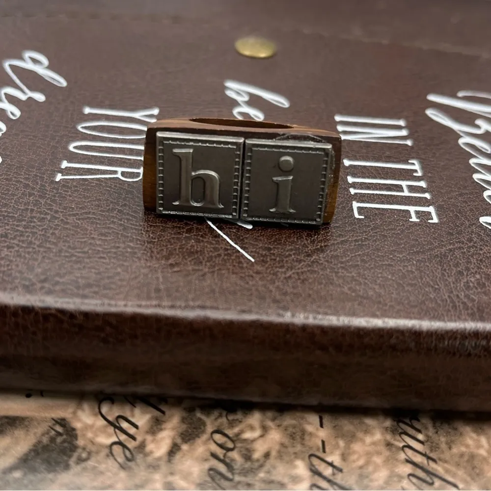 Vintage Wood & Metal “hi” Statement Ring Size 6.5 Boho Indie Unique Brown - Image 2