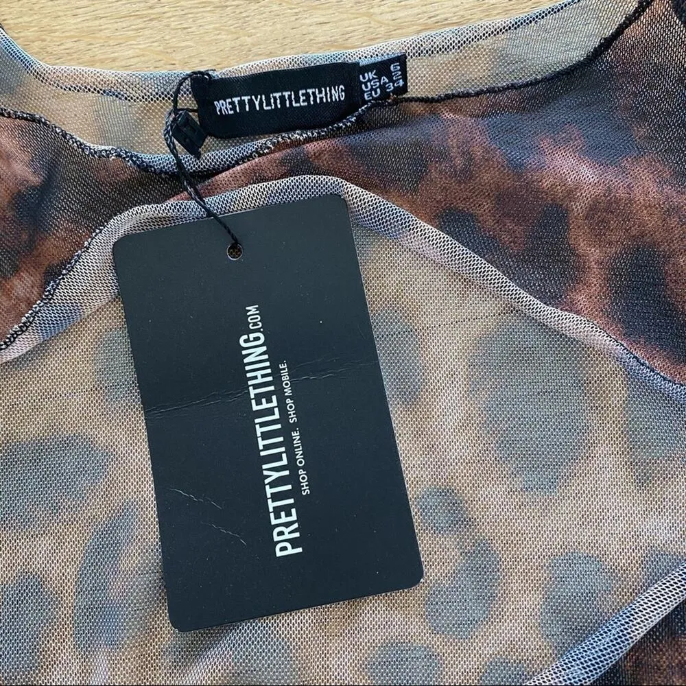 Pretty Little Thing - Leopard Mesh Tie Detail Mini Dress Cover Up in Black Brown - Image 6