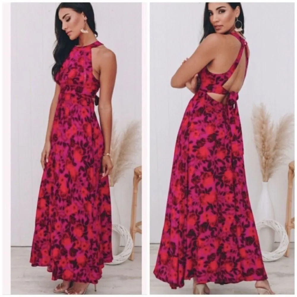 Abel The Label Tropical Floral Charlotte Halter Boho Maxi Dress Purple Pink XS - Image 2