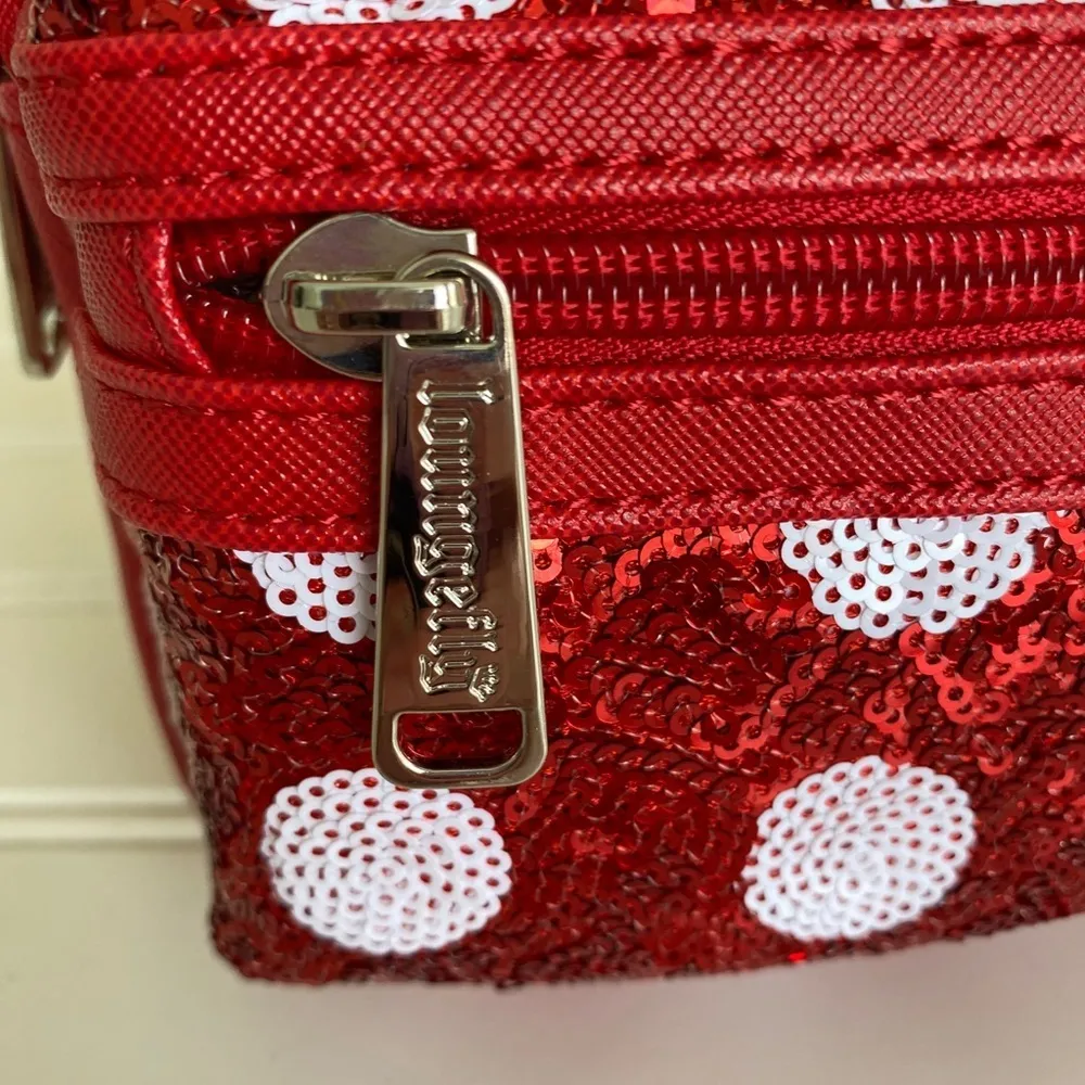 Disney Loungefly Minnie Mouse Wristlet Red White Sequin Polka Dots NEW - Image 2
