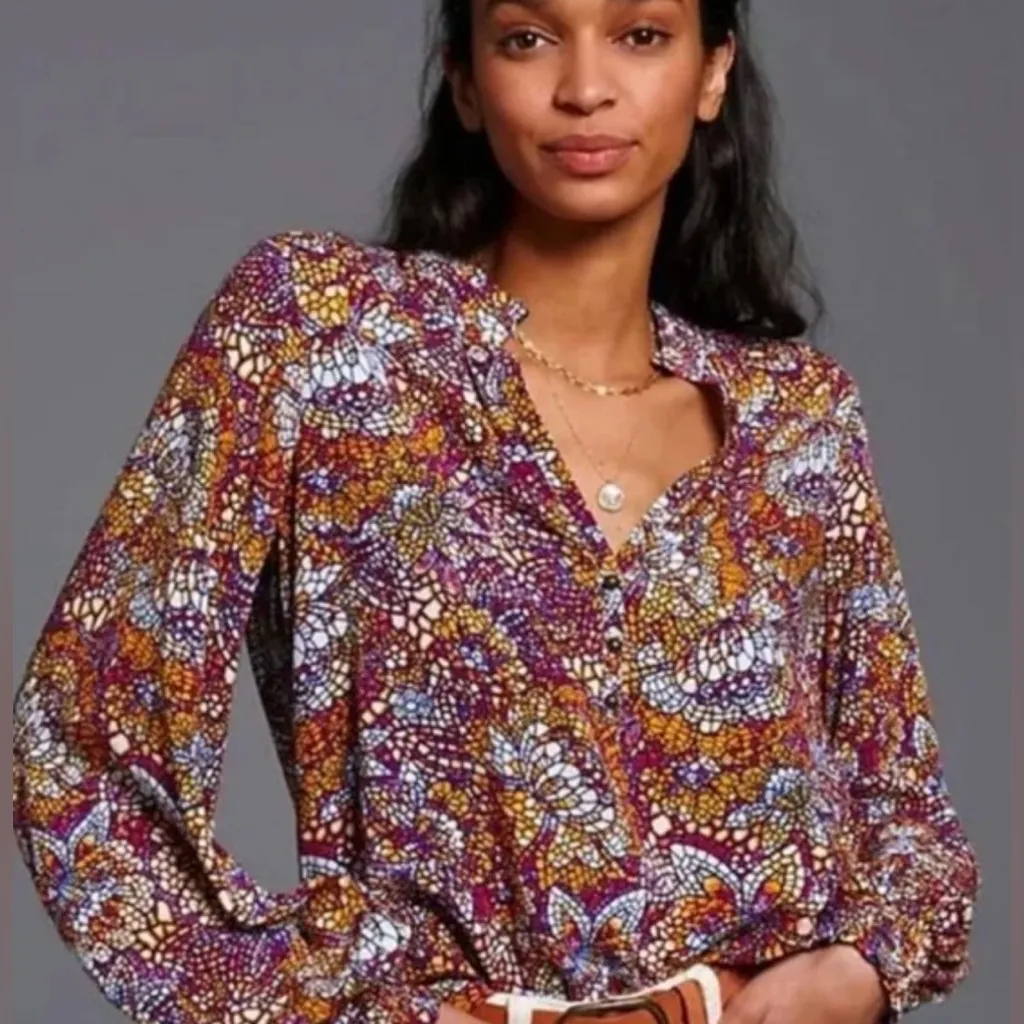 Anthropology Maeve Colette Peasant Blouse size XS Mosaic Stain Glass Lotus Print - Image 4