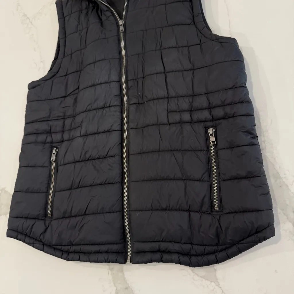 JACK by BB DAKOTA Quilted Full Zip Puffer Vest Faux Fur Hood Women’s Small Black - Image 2