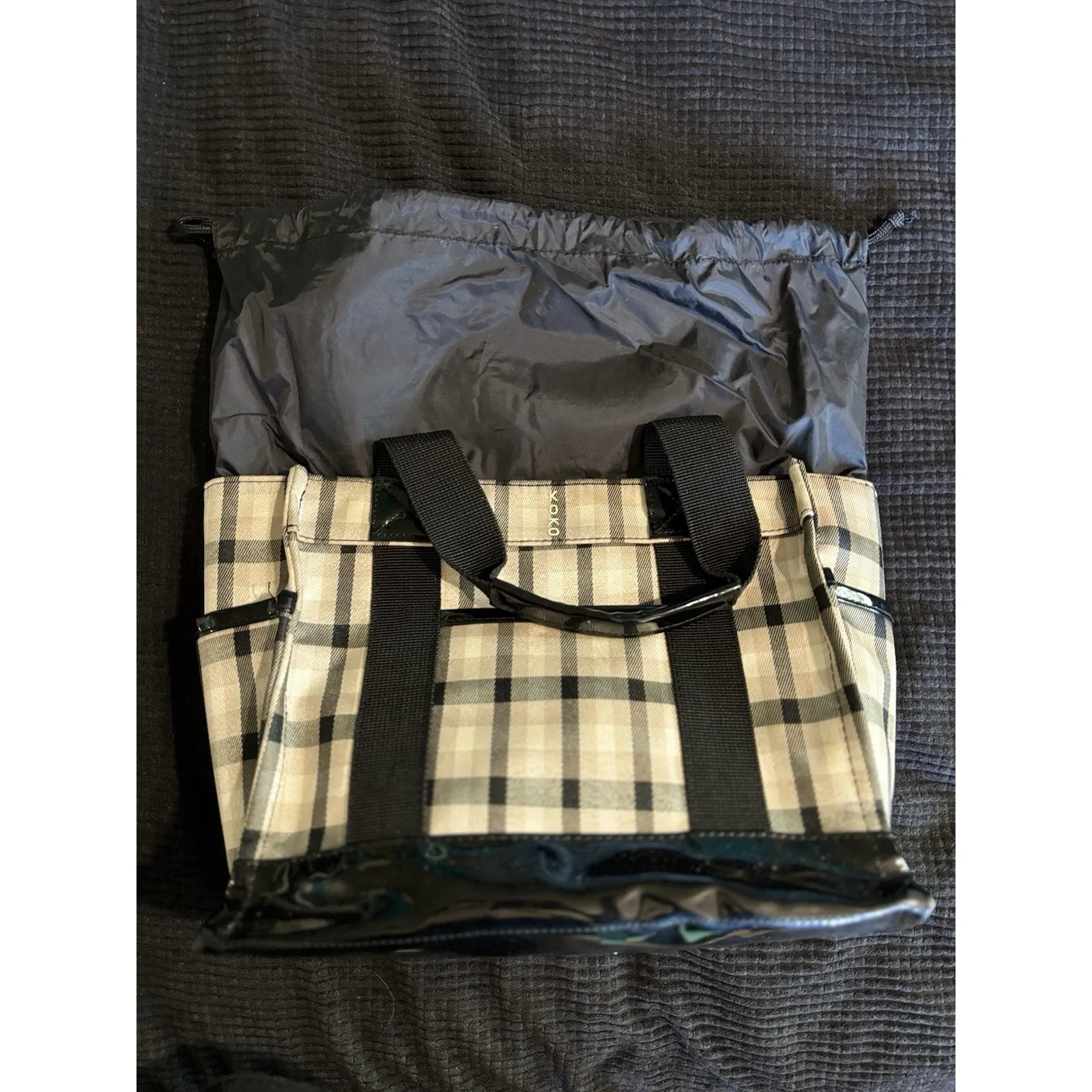 Koko Plaid Insulated Lunch Tote Bag Tan/Blk Pockets Cinch Close Extension Tan - Image 6