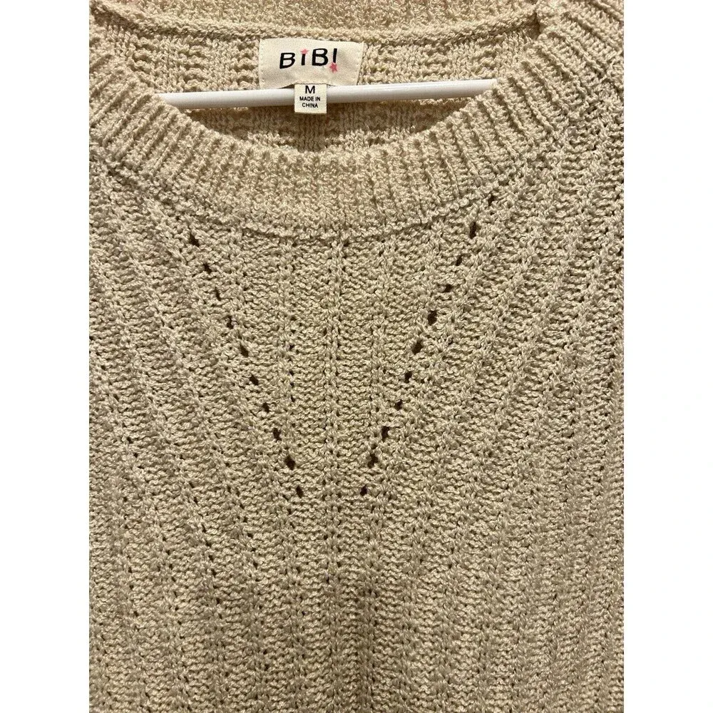 Bibi Knit Pullover Short Sleeve‎ Sweater Size Medium Cream Tan Oversize - Image 2