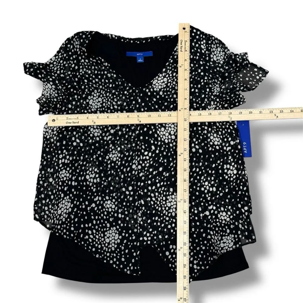 Apt. 9 Polka Dot Tiered Layers Split Flutter Sleeve Top Blouse Black White Small - Image 13