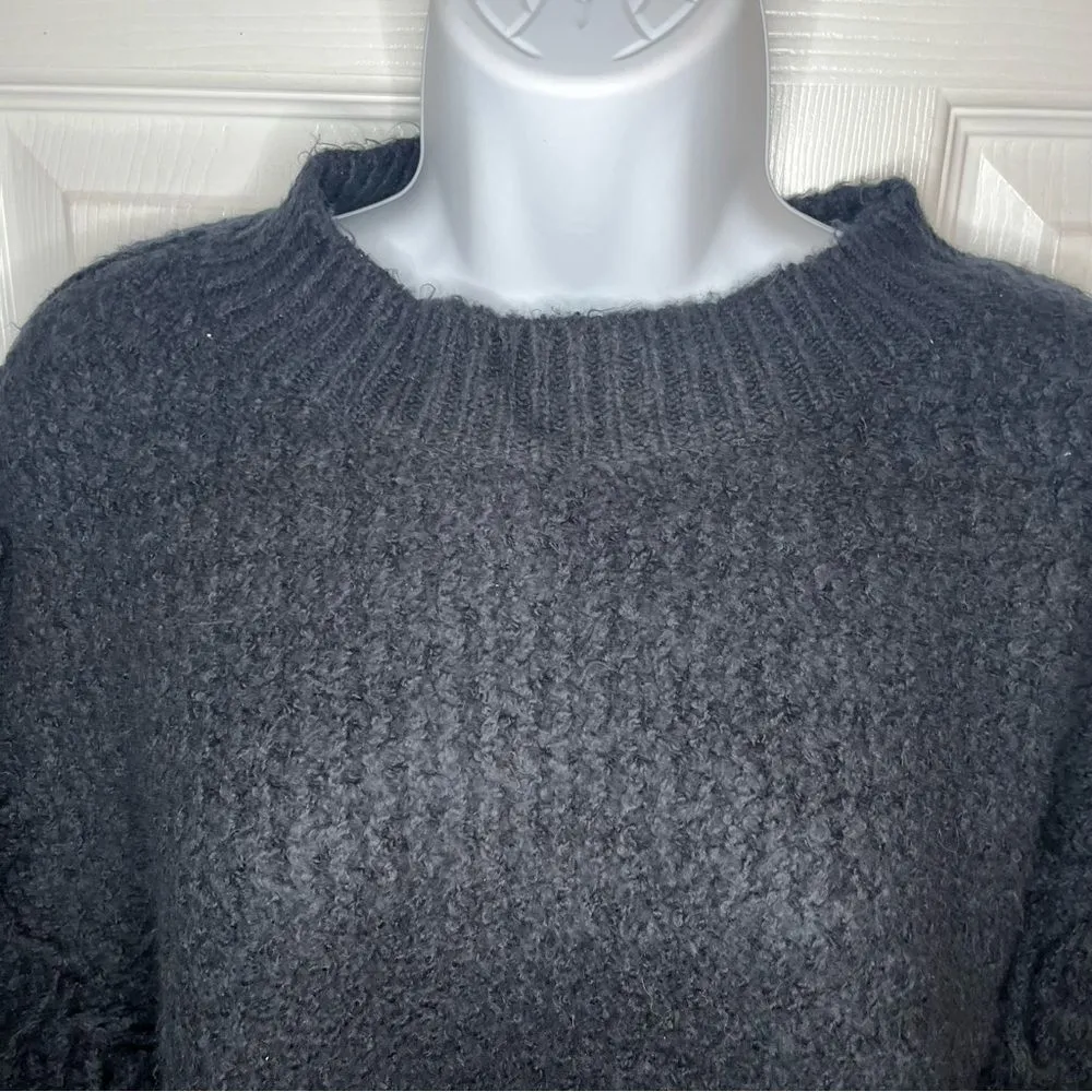 Treasure & Bond Mixed Stitch Balloon Sleeve  Fringe Sweater Black Crew S NWT - Image 5