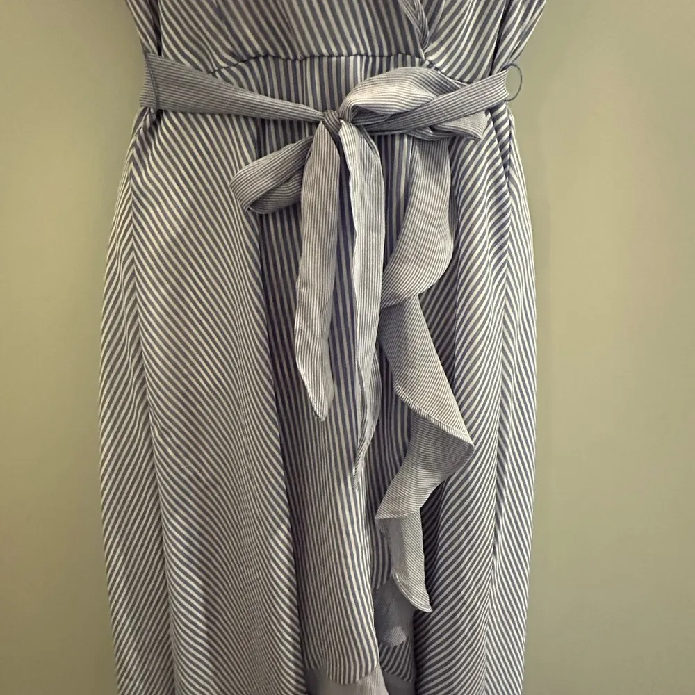 Julian Taylor Faux wrap ruffle belted cap sleeve blue and white stripe d… - Image 5