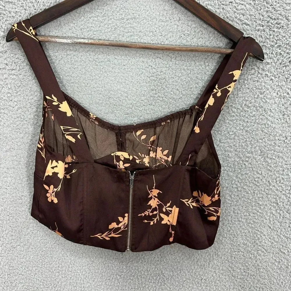 Isalis crop top womens large‎ brown floral exposed zipper satin boho festival Brown - Image 8