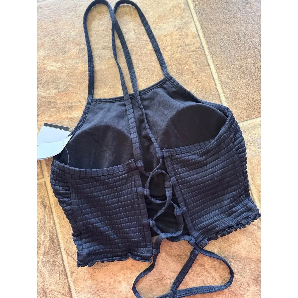 Salt + Cove Seersucker Lace-Up Tankini Top Black Size Medium - Image 8