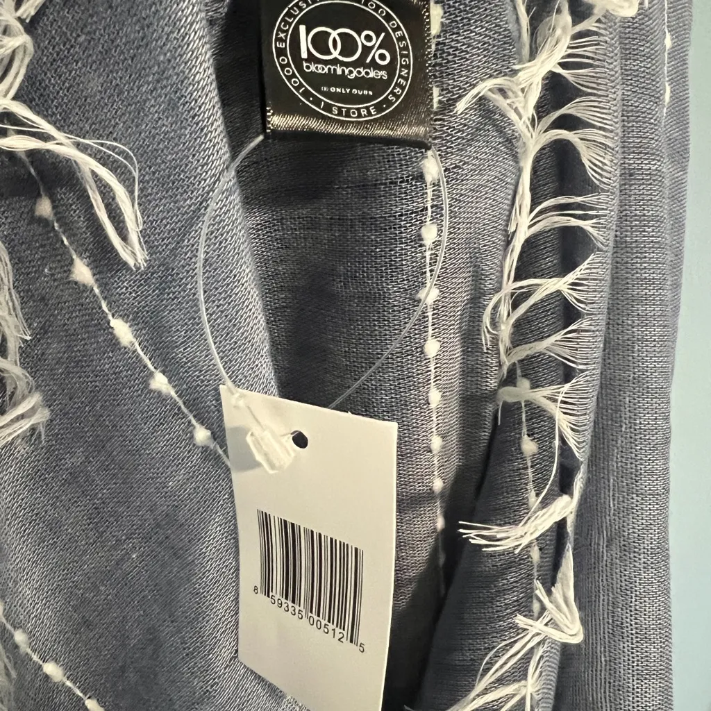 Bloomingdale's Soft Chambray Blue Frayed Fringe Scarf, New w/ tag - Image 2