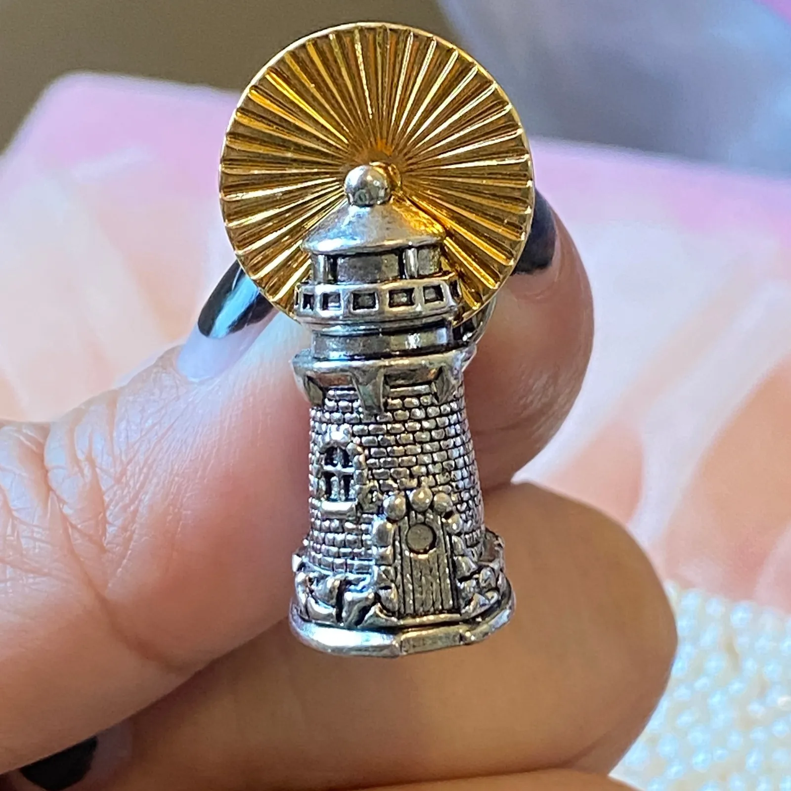 VTG AVON Lighthouse Pin Brooch Gold & Silver Nautical Sunburst Design Souvenir - Image 3