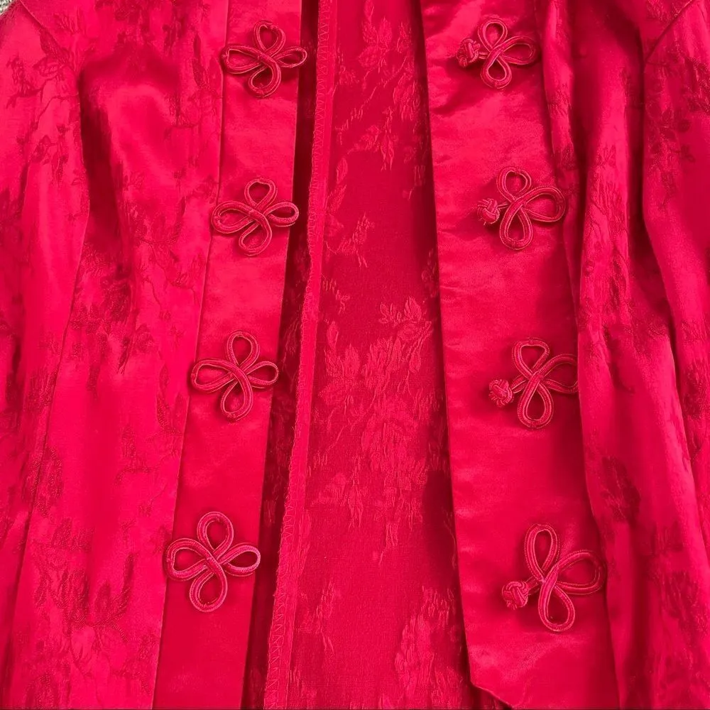 Vintage 80s Asian Chinese 3pc Outfit Duster Satin Pants Crossbody Purse M Red Size M - Image 12