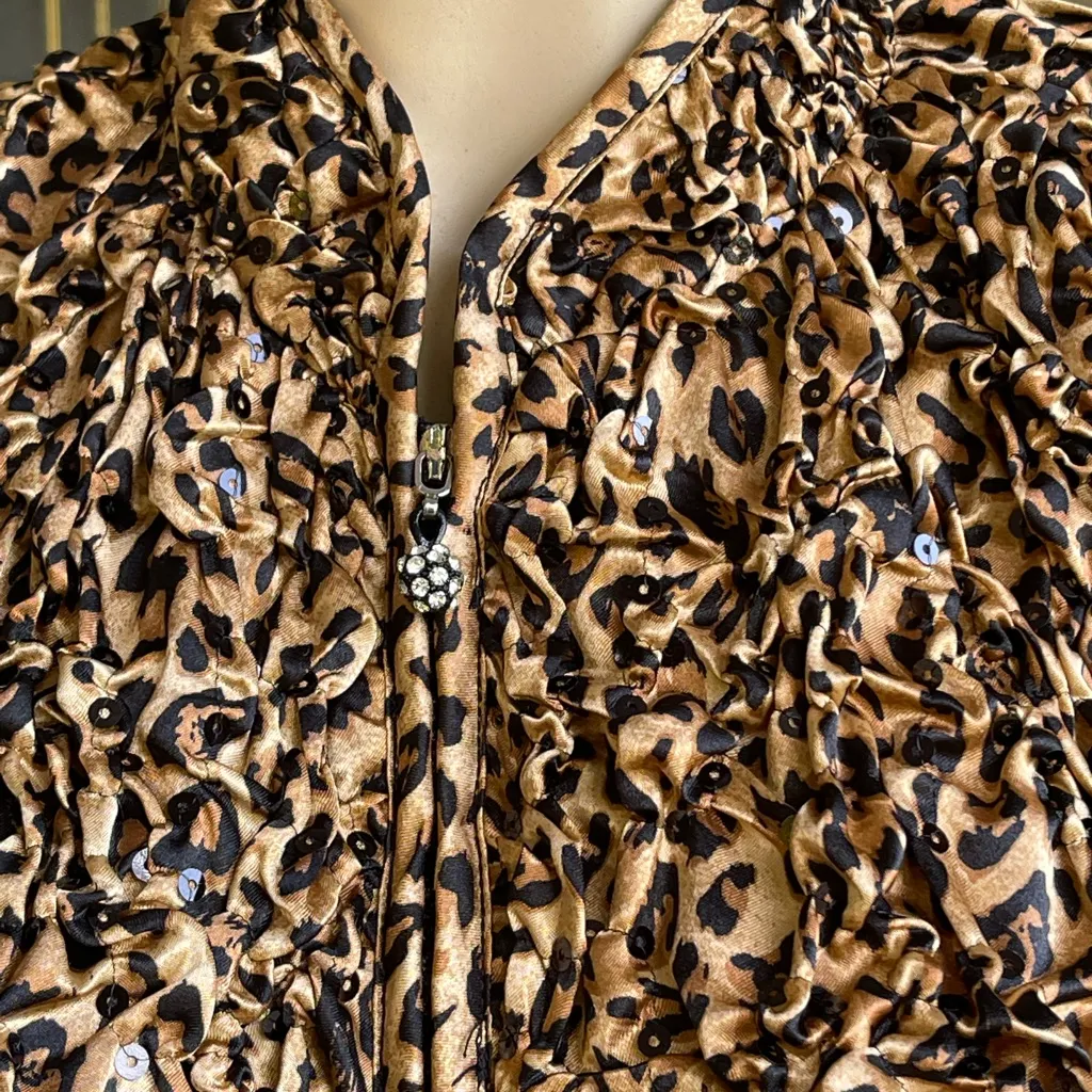 MSK Gold Black CHEETAH PRINT Soft STRETCH PUCKER JACKET SEQUINS Size XL - Image 2