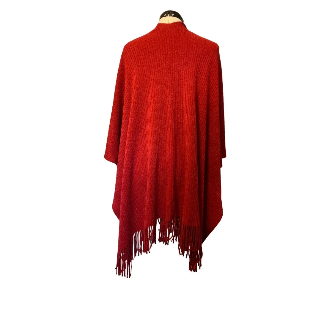 Brick Red Ribbed Open Front Cardigan Shawl Wrap with Fringe One Size Size L - Image 3