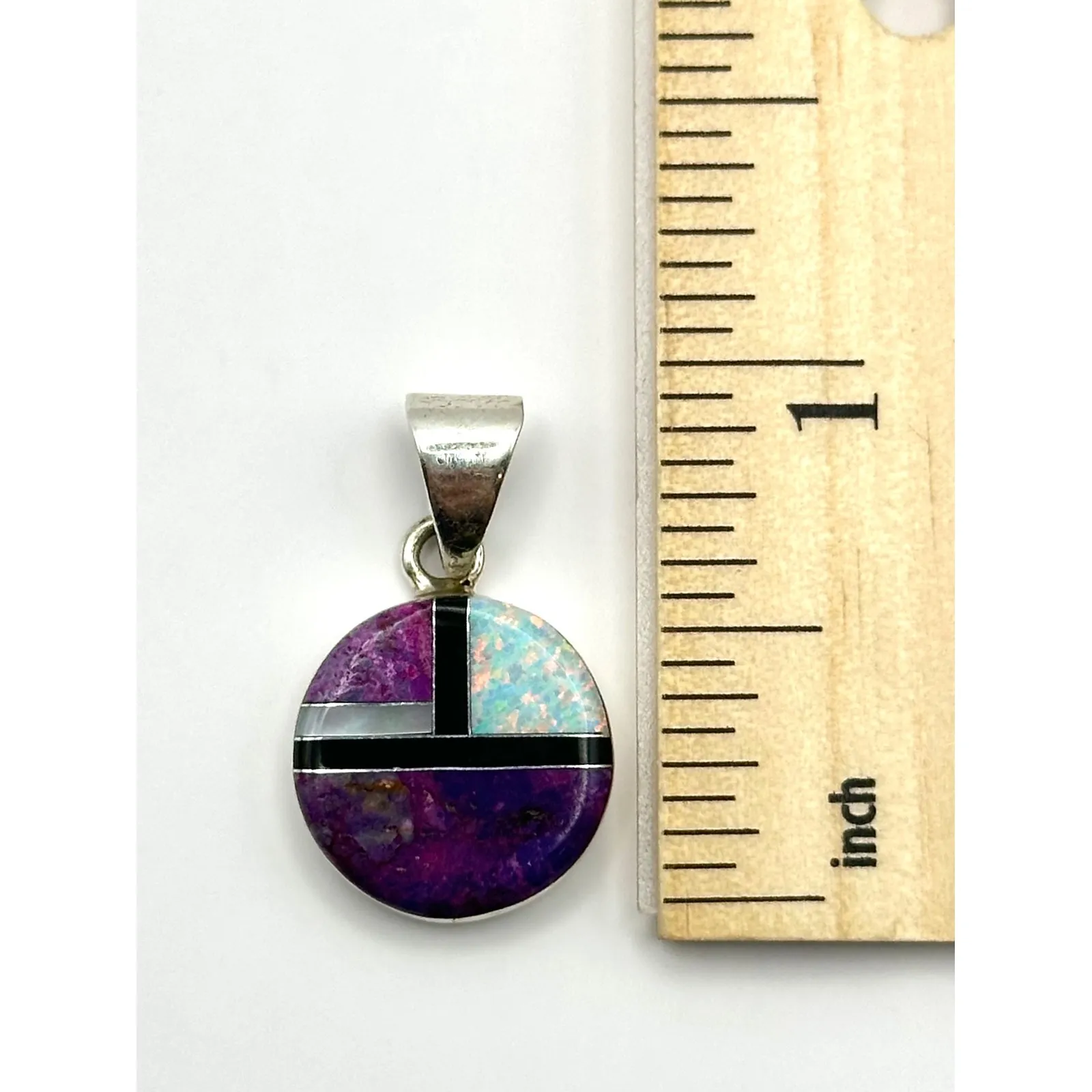 Navajo Handmade Purple Mojave Turquoise Black Onyx Inlay Sterling Silver Pendant - Image 4