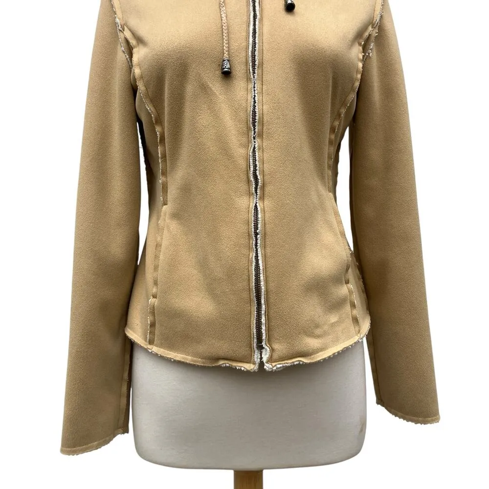 Tommy Hilfiger Y2K Hoodie Jacket Sz S Beige Sherpa Zip Up Pockets 00s Casual - Image 3