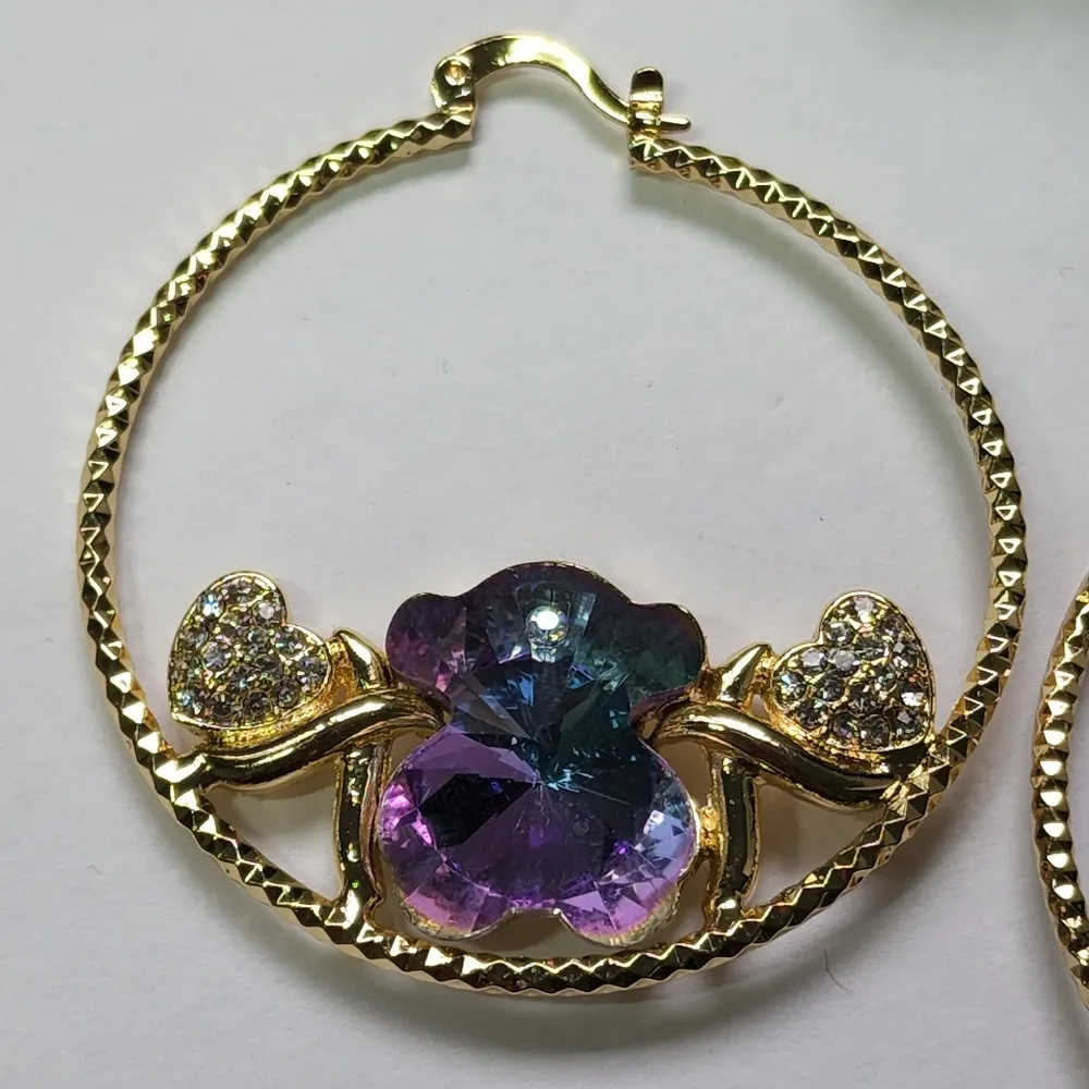 Gold Filled Hoops with Iridescent Crystal Bear Blue - Image 2