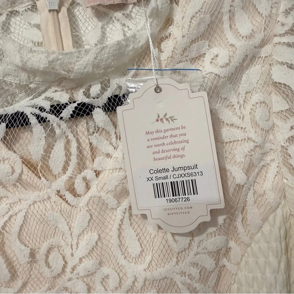 Ivy City Co Colette Cream Long Sleeve High Neck Lace Jumpsuit XXS White - Image 7