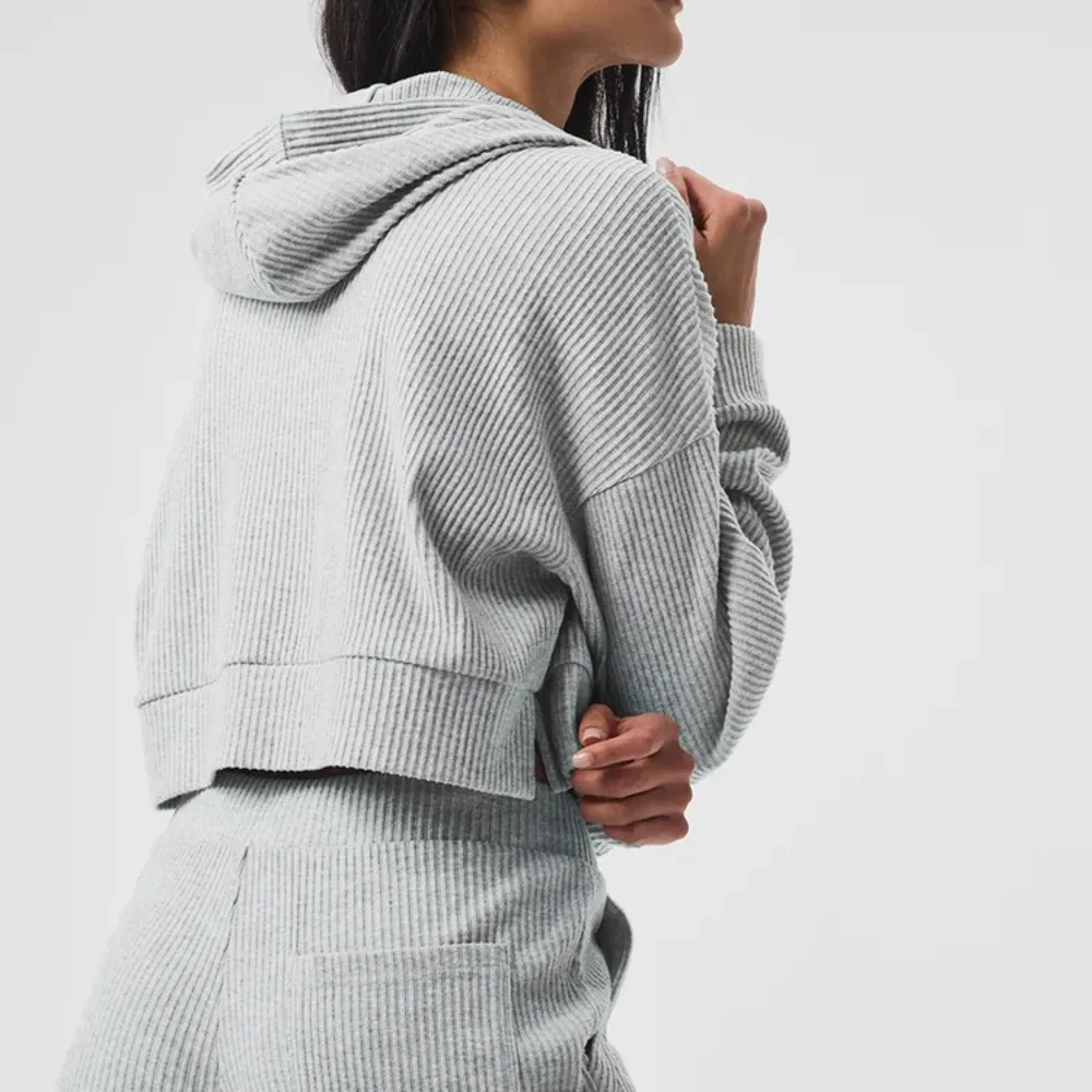 Alo Muse Gray Ribbed Soft Cropped Hoodie - Image 2