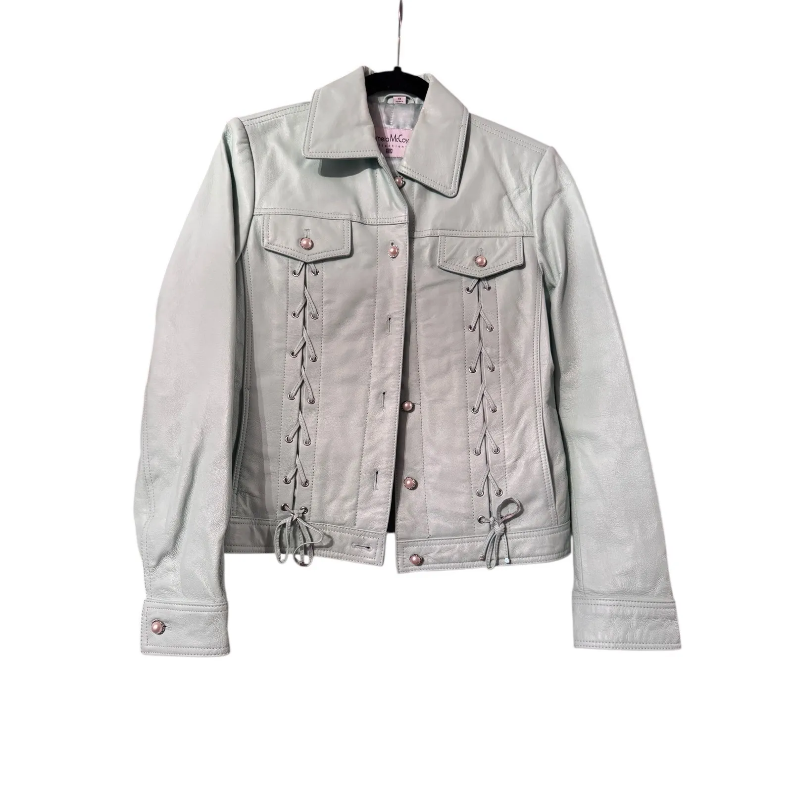 Patricia McCoy collectoin Lace Up Leather Jacket Mint Green Moto Style Size XXS - Image 2