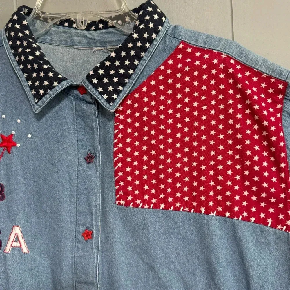 Patriotic USA Patches Embroidered Embellished Red White Blue Denim Shirt Size 3X - Image 3
