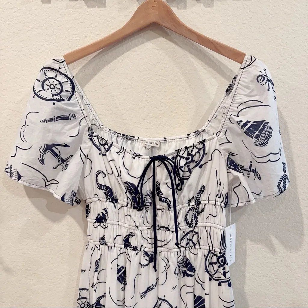 Moon River Short Sleeve Printed Midi Dress Ivory Multi Size Small NWT - Image 3