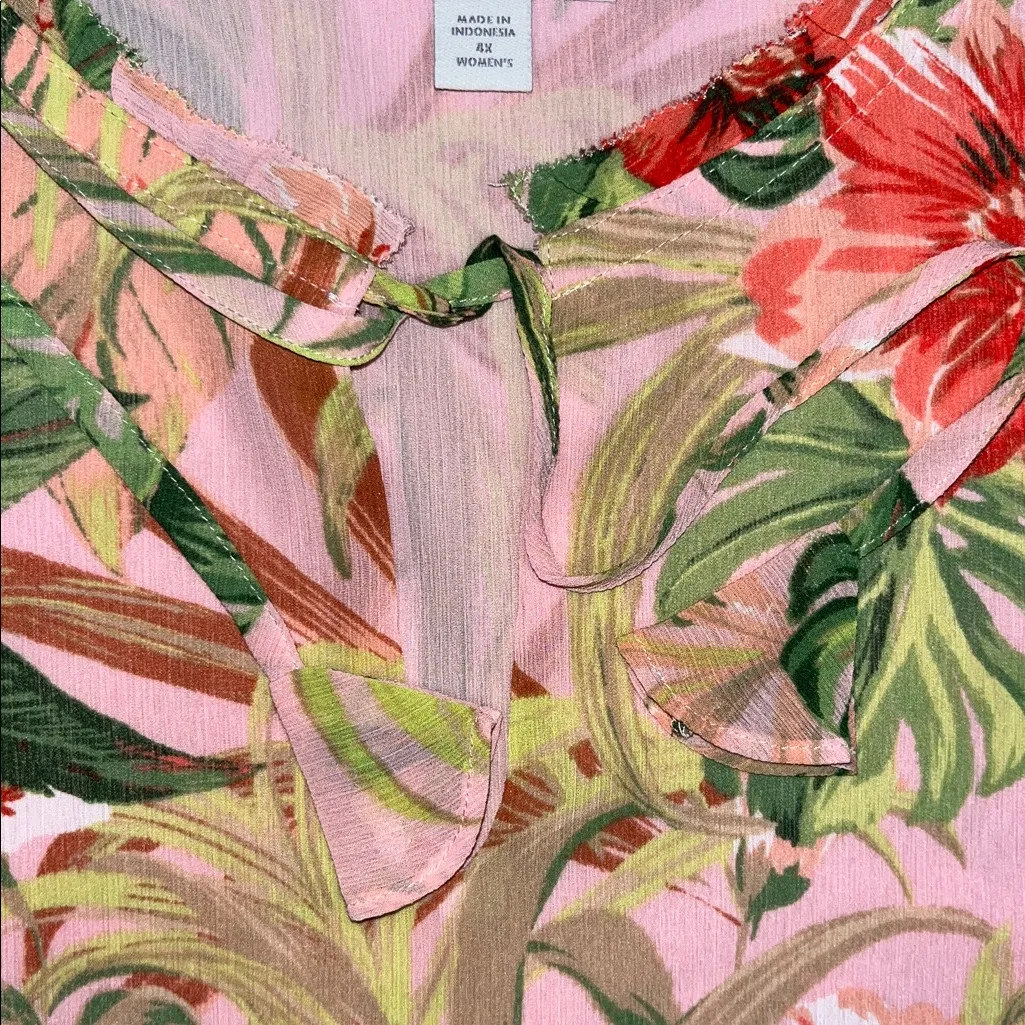 J. Jill Women’s Size 4X Tropical Floral Print Tassel Keyhole Tunic Blouse Top Pink - Image 5