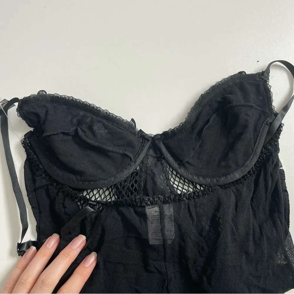 Escante Nighty Bodysuit Garter Belt Bra Underwire Sheer Mesh Netting Ruffle Belt Black Size L - Image 16