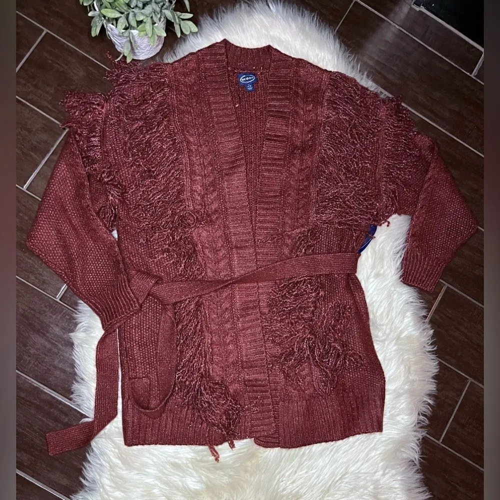 Scoop rust fringe cardigan sweater w/belt sz small Red - Image 2