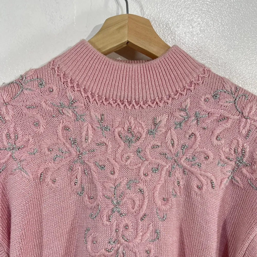 Vintage.Jaclyn Smith Embellished Sweater Mock Neck Pink Knit Pullover Size Small - Image 9