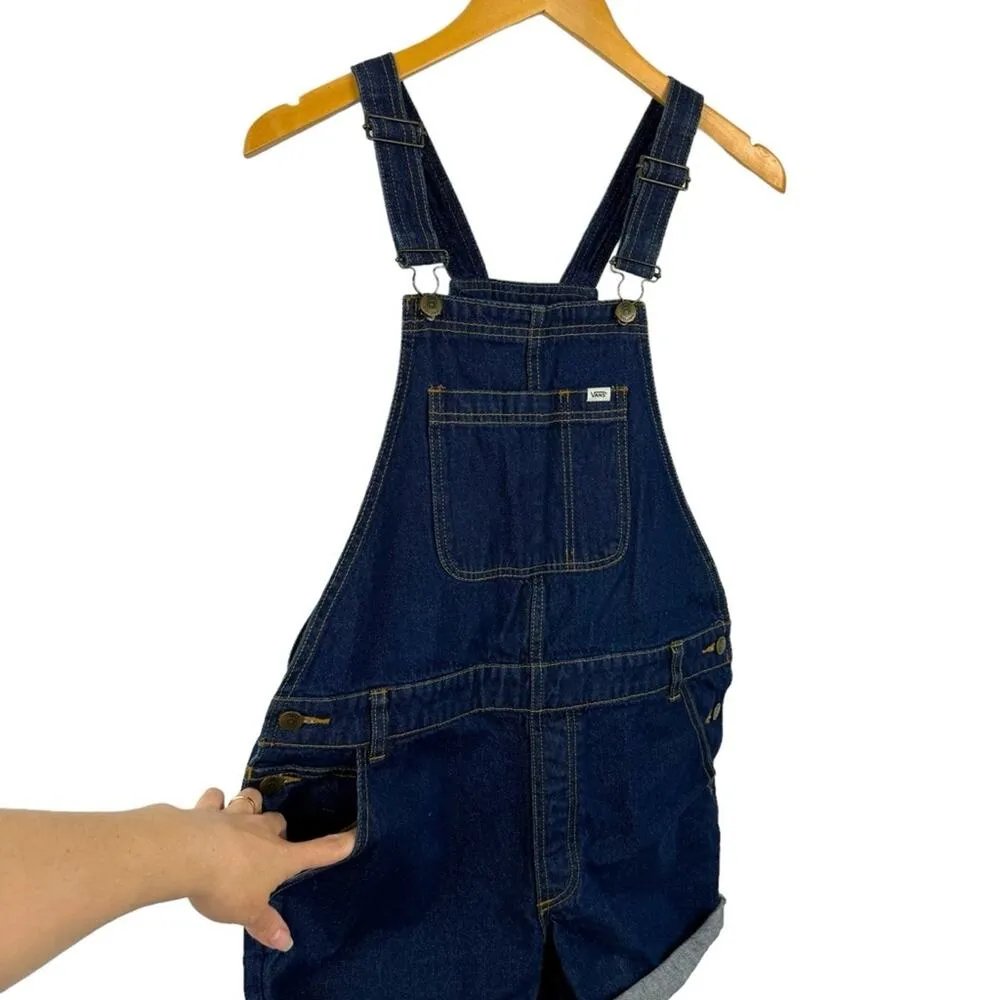 Vans Overalls Boyfriend Fit Denim Dark Wash Cuffed Shorts Romper Size Small - Image 4