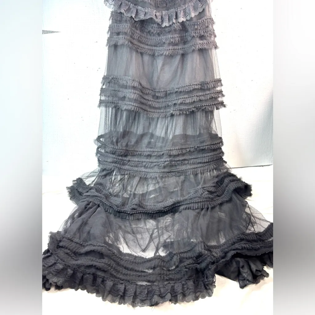 San Joy L Witchy Feminine Tiered Tulle Lace Trim Black Maxi Dress - Image 5