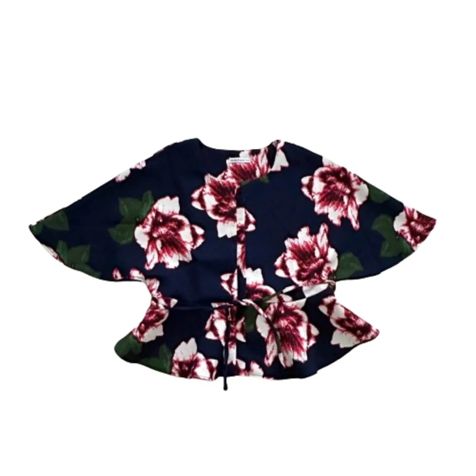 Marina Kaneva Blouse Top Navy Blue Pink Red Floral Tie Waist Peplum Top Size 14 - Image 7