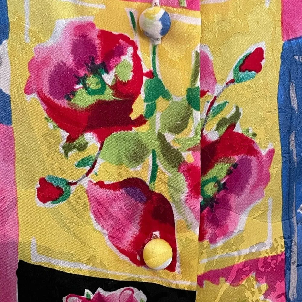 Corey B 80s Silk Floral Patchwork Button Front Long Sleeve Blouse size 8 Yellow - Image 6