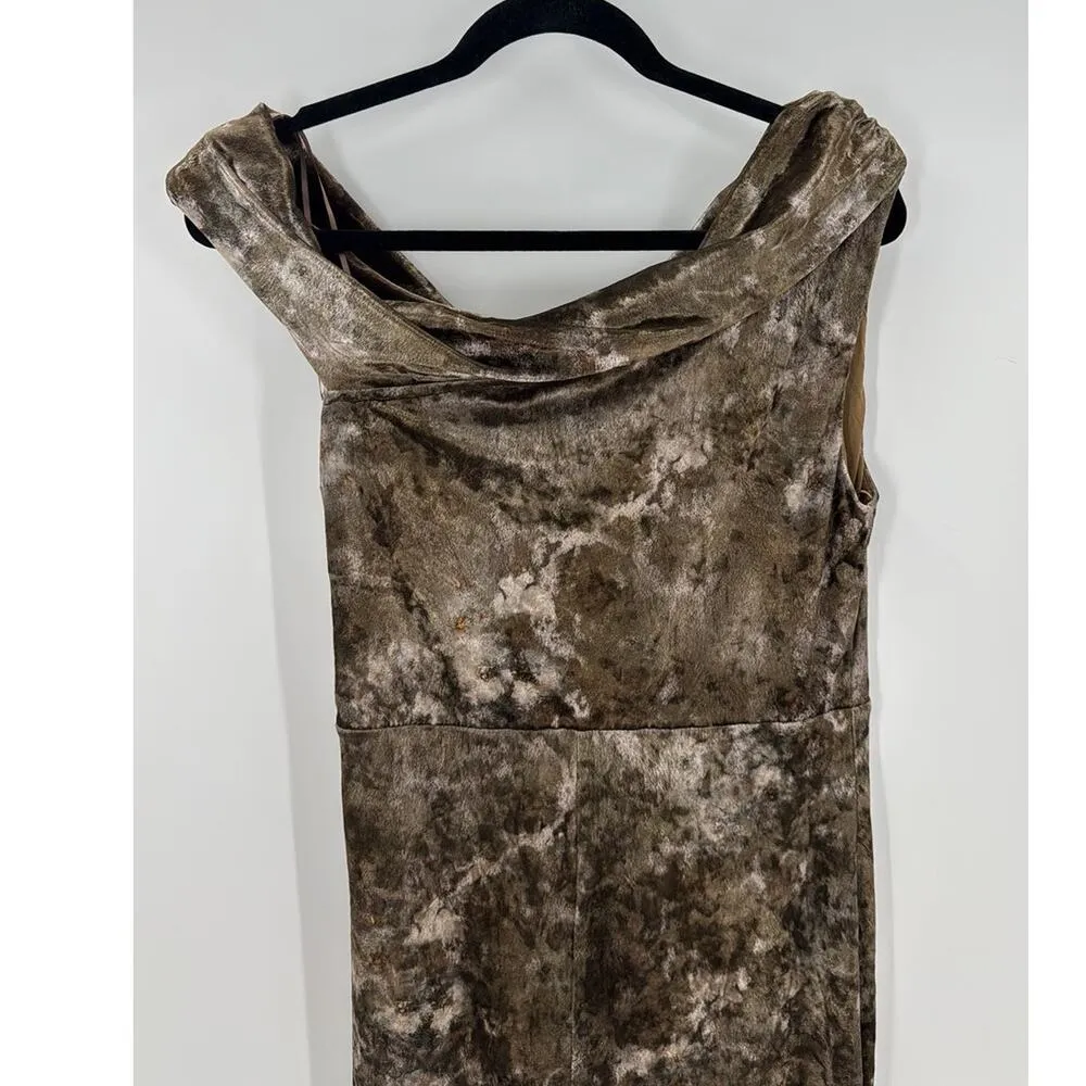 MOON RIVER Off Shoulders Midi dress size L velvet brown multi bodycon cocktail - Image 6