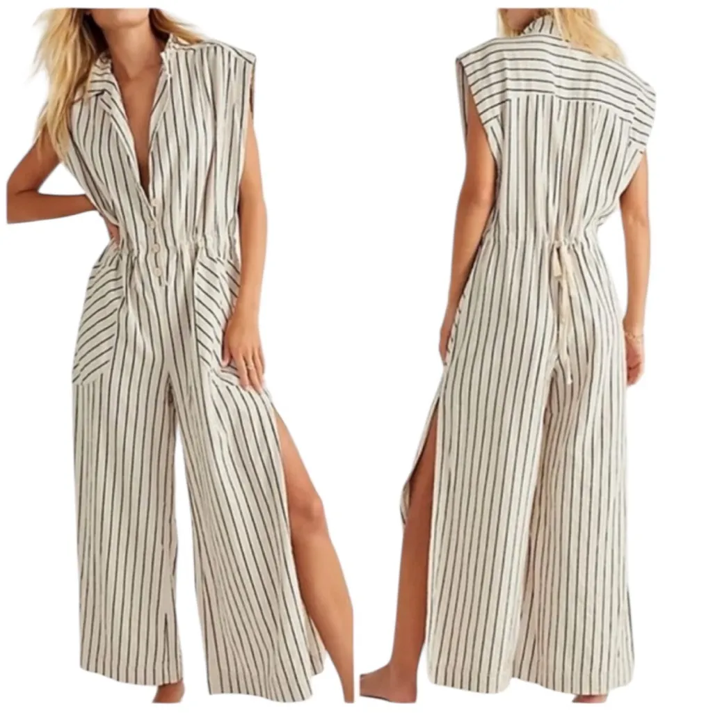 Free People Beach Town One-Piece Linen Blend Wide Leg Jumpsuit Natural Size S - Image 13