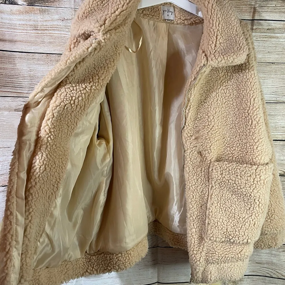 Polly oversized teddy bear tan pixie coat jacket with pockets women size S/M - Image 4