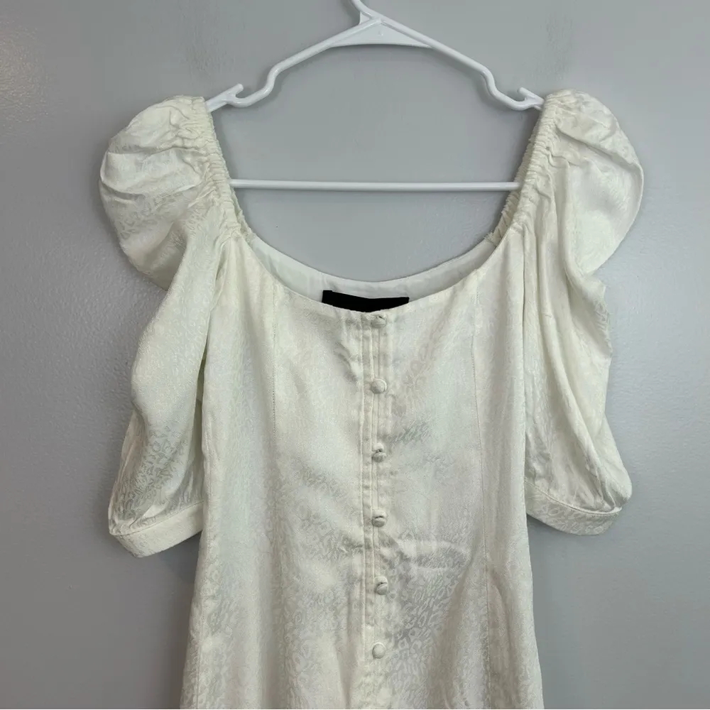 Vanessa Mooney White Jacquard Leopard Print Puff Sleeve Mini Dress XS - Image 4