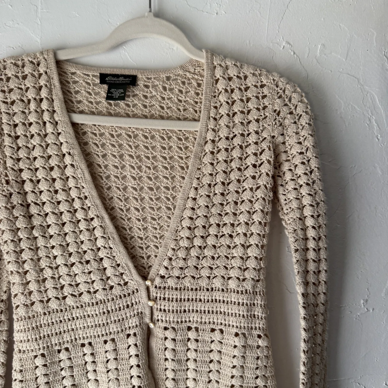 Eddie Bauer Sweater Womens XS Hand Crocheted Linen Cotton Cardigan‎ Boho Knit - Image 2