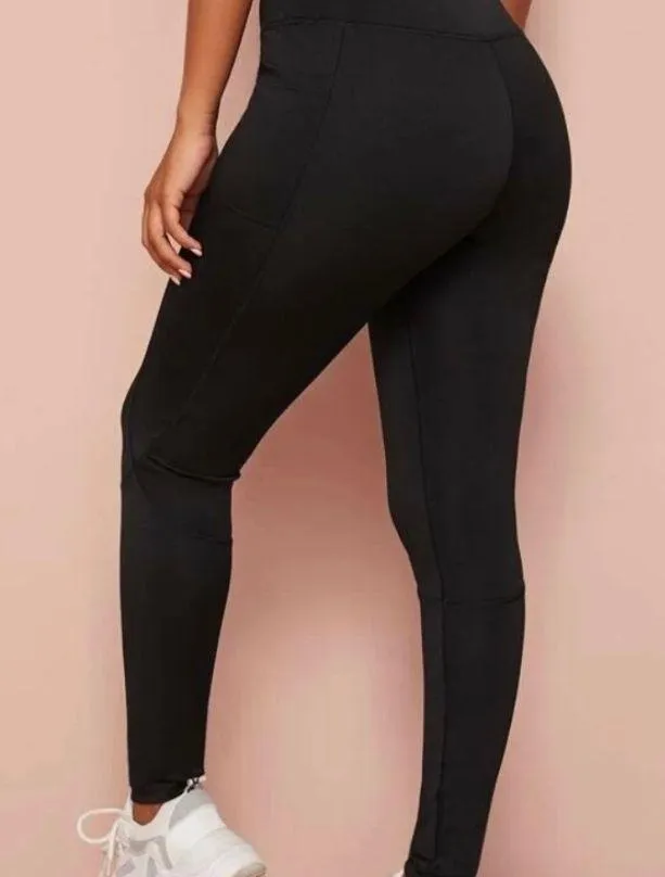 Pocket Detail Wide Band Waist Sports Leggings Black - Image 5