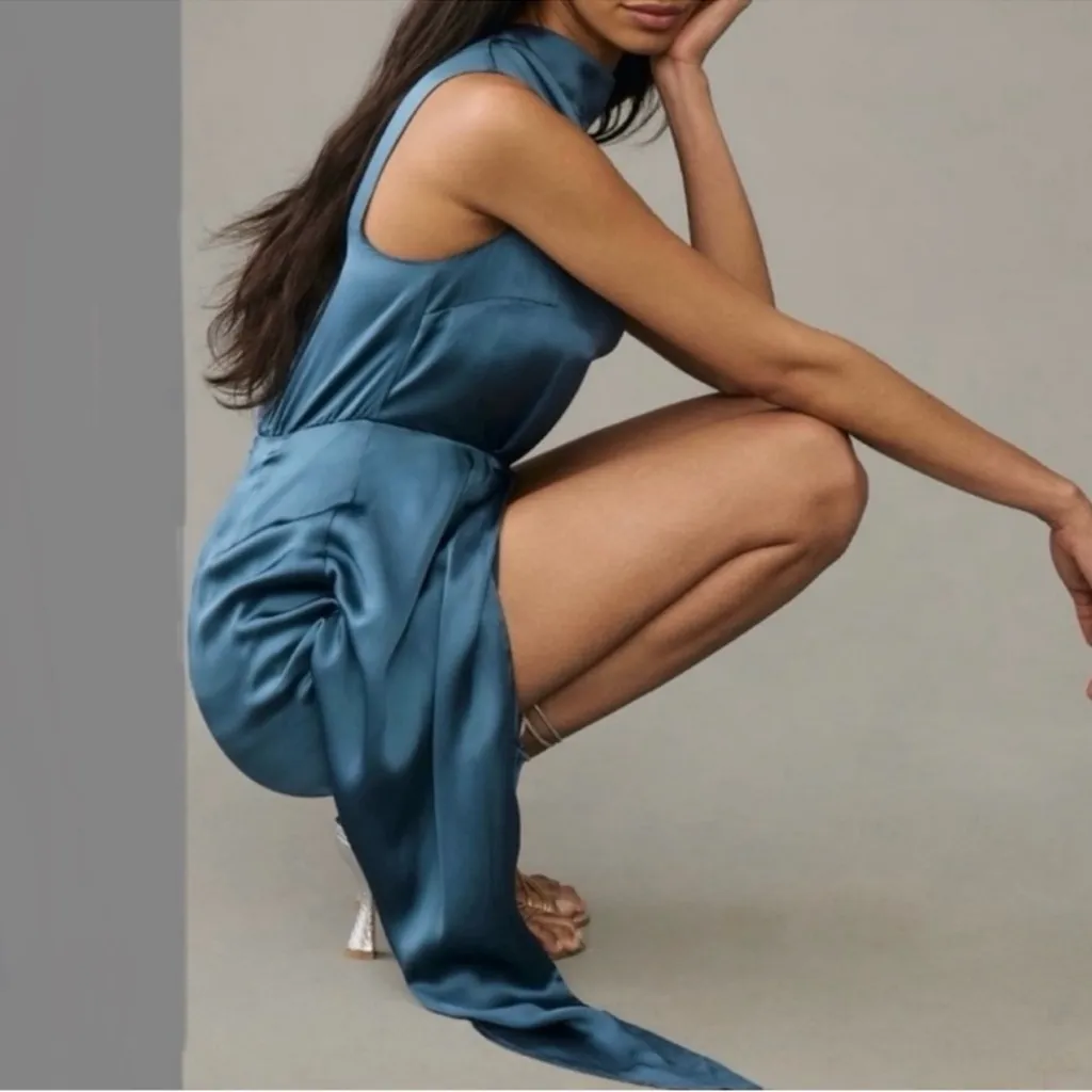 By Anthropologie Maeve Women’s Mock-Neck Draped Silk Teal Asymmetric Hem Dress 4 - Image 8