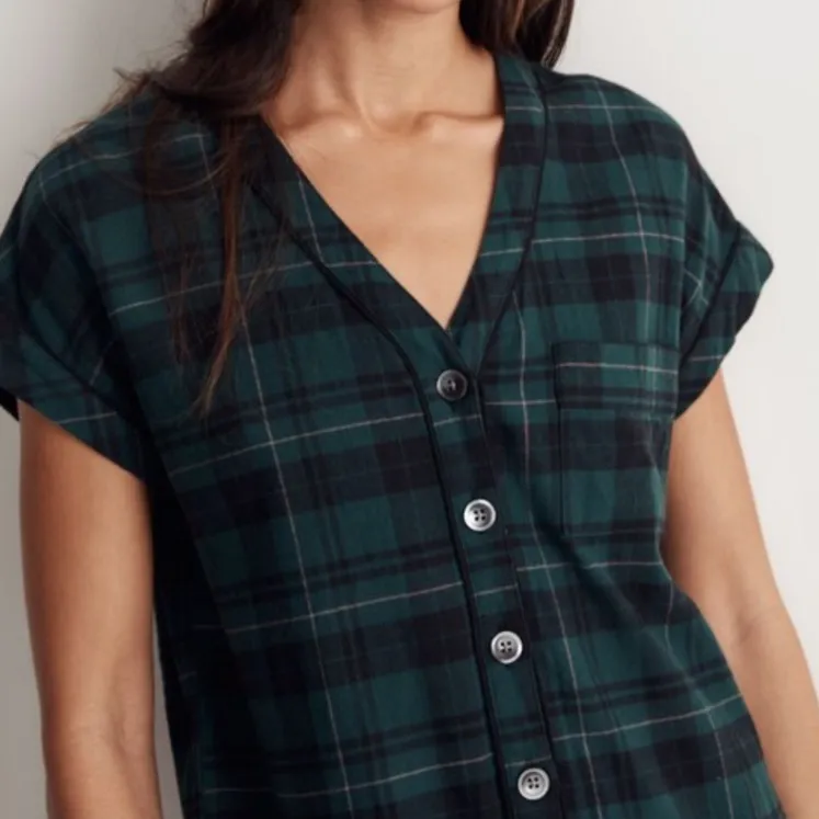 Madewell Flannel Bedtime One-Piece Pajamas in Smokey Spruce Reywood Plaid Small - Image 2