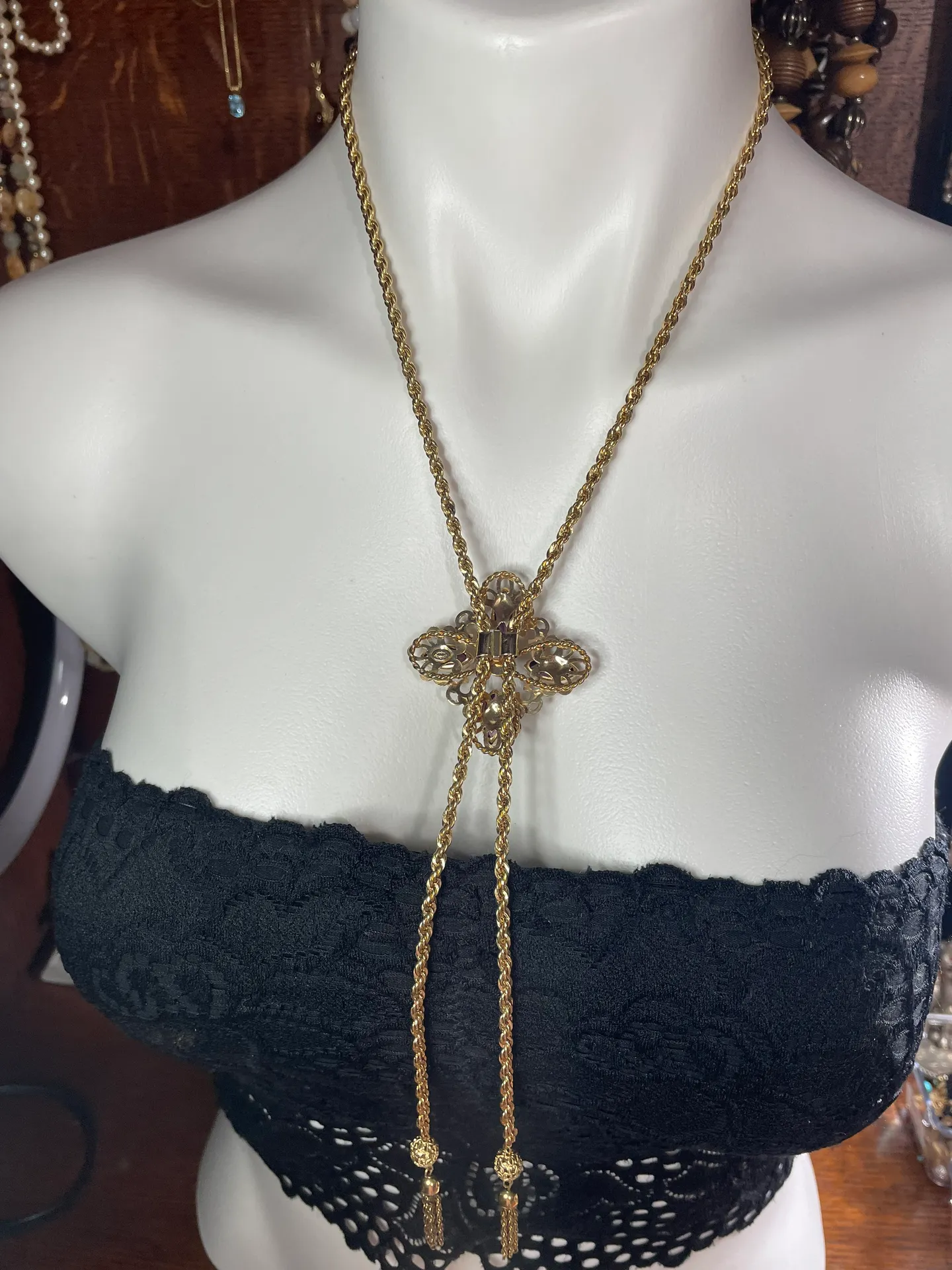 Vintage 12K Yellow Gold Filled Boho  Color Stone Slider Necklace - Image 6