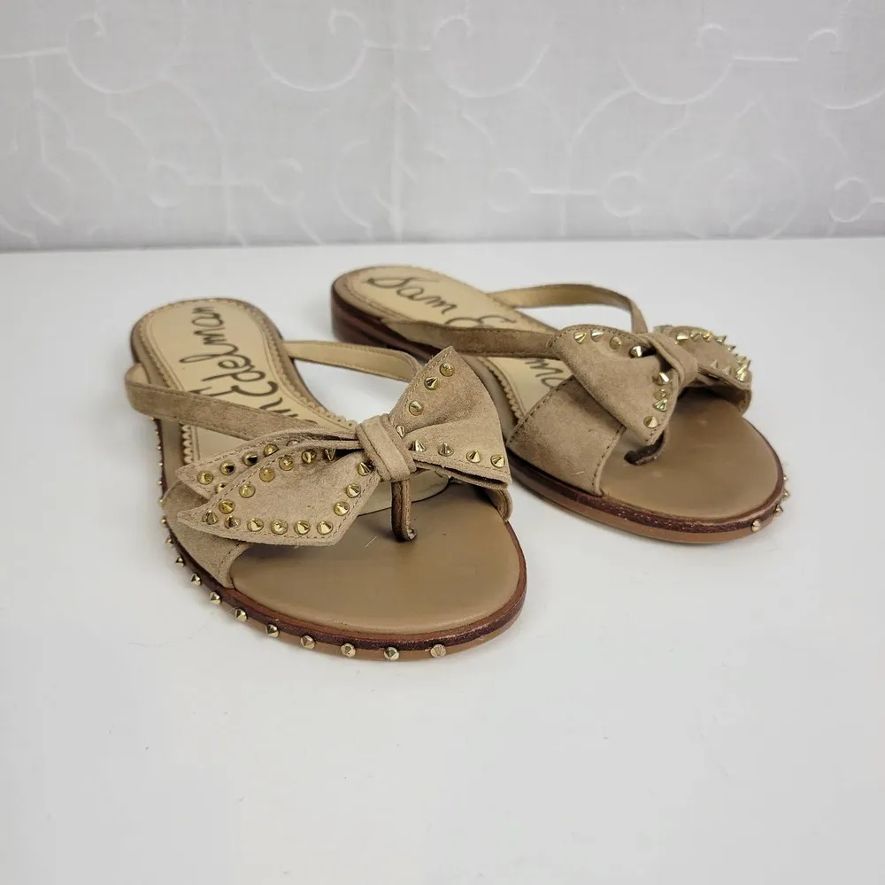 Sam Edelman Womens Sandals Size 6 Tan Dariel Bow Suede Studded Slip On Flats - Image 5