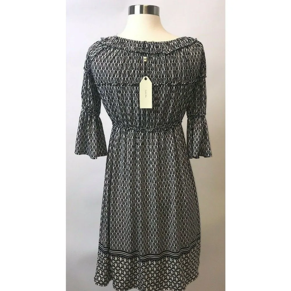 Sophie Max Studio Womens Dress Size XS Black White Geometric 3/4 Flounce Sleeve - Image 5