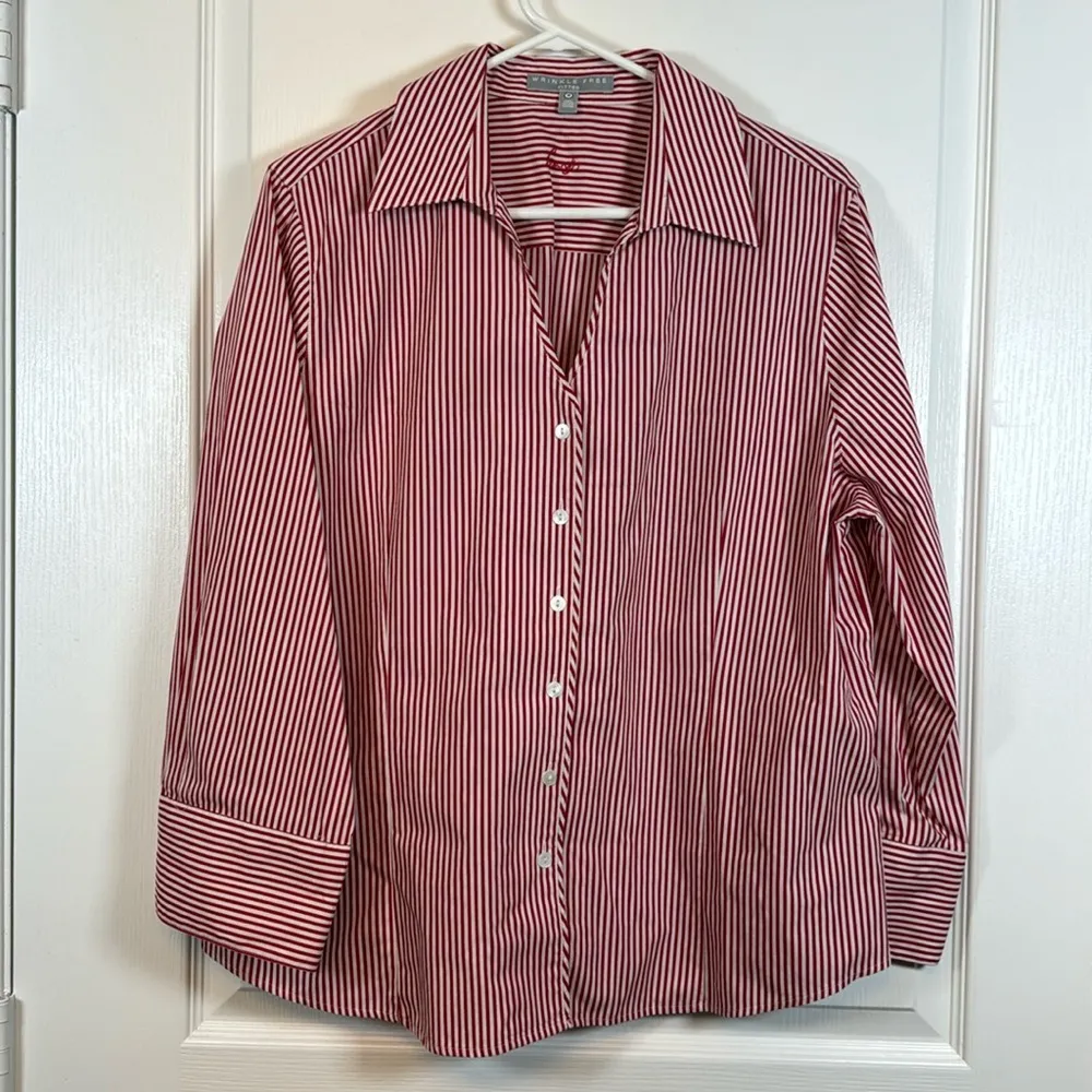 Foxcroft Red White Stripe Wrinkle Free Fitted Button Down Shirt Size 18 EUC - Image 2