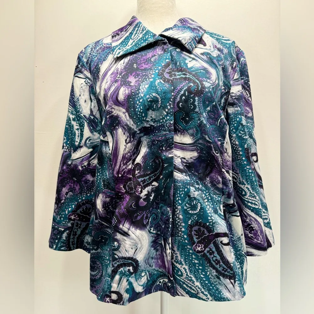 Chico’s Purple Turquoise & Gray Paisley 3/4 Sleeve Snap Front Collared Jacket - Image 3
